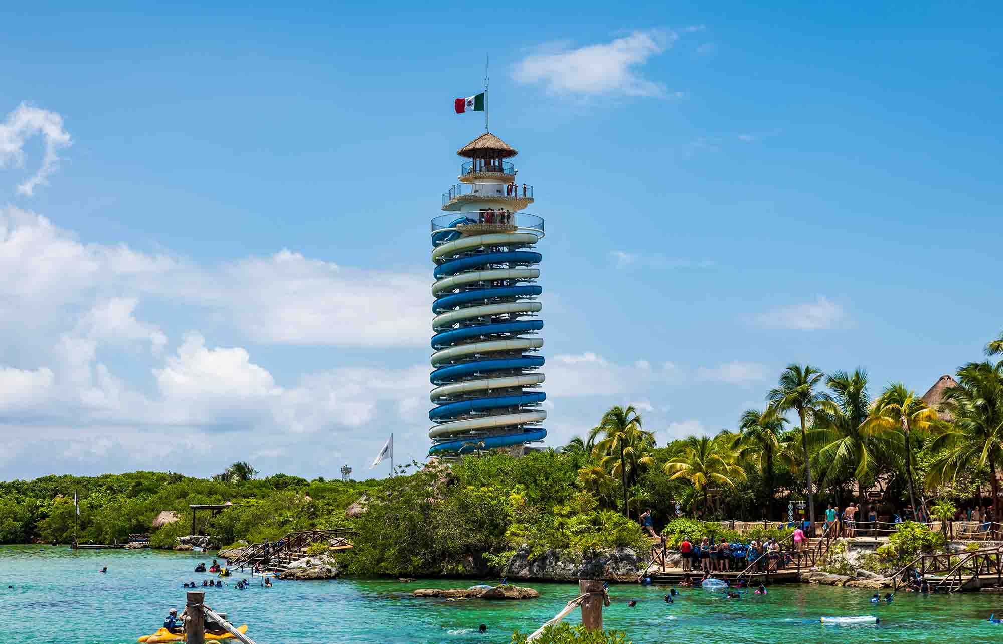 Visitors going down a waterslide at Xel-Ha Park